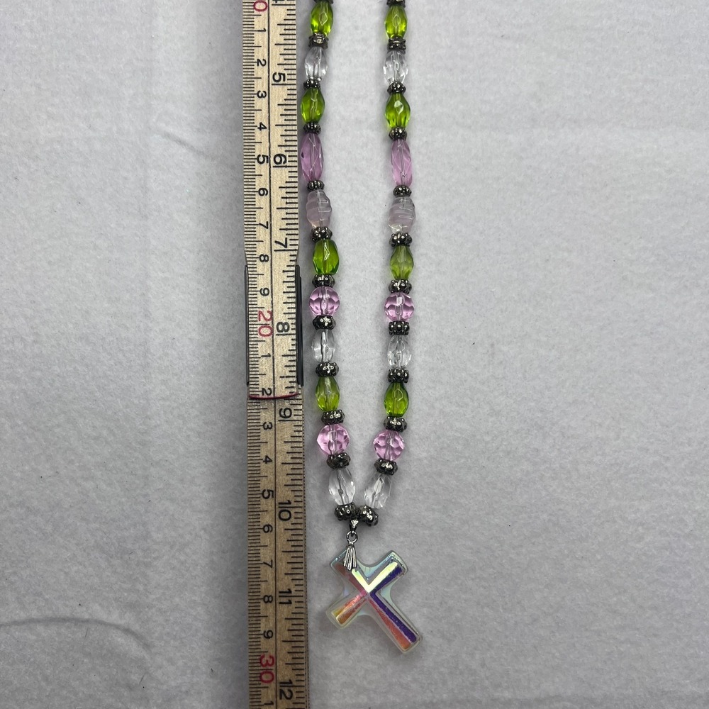 Iridescent Glass Cross Pendant Beaded Necklace Pink Green Clear Silver Tone 20" - Picture 5 of 7